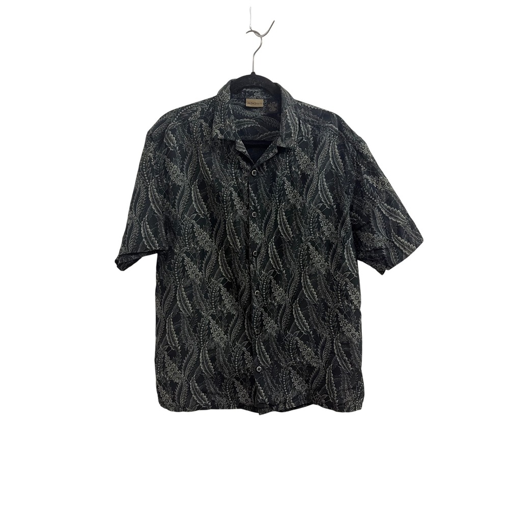 Button Down Shirt Silk Tropical Fern AXIST Mens‎ Large Black Gray Short Sleeve